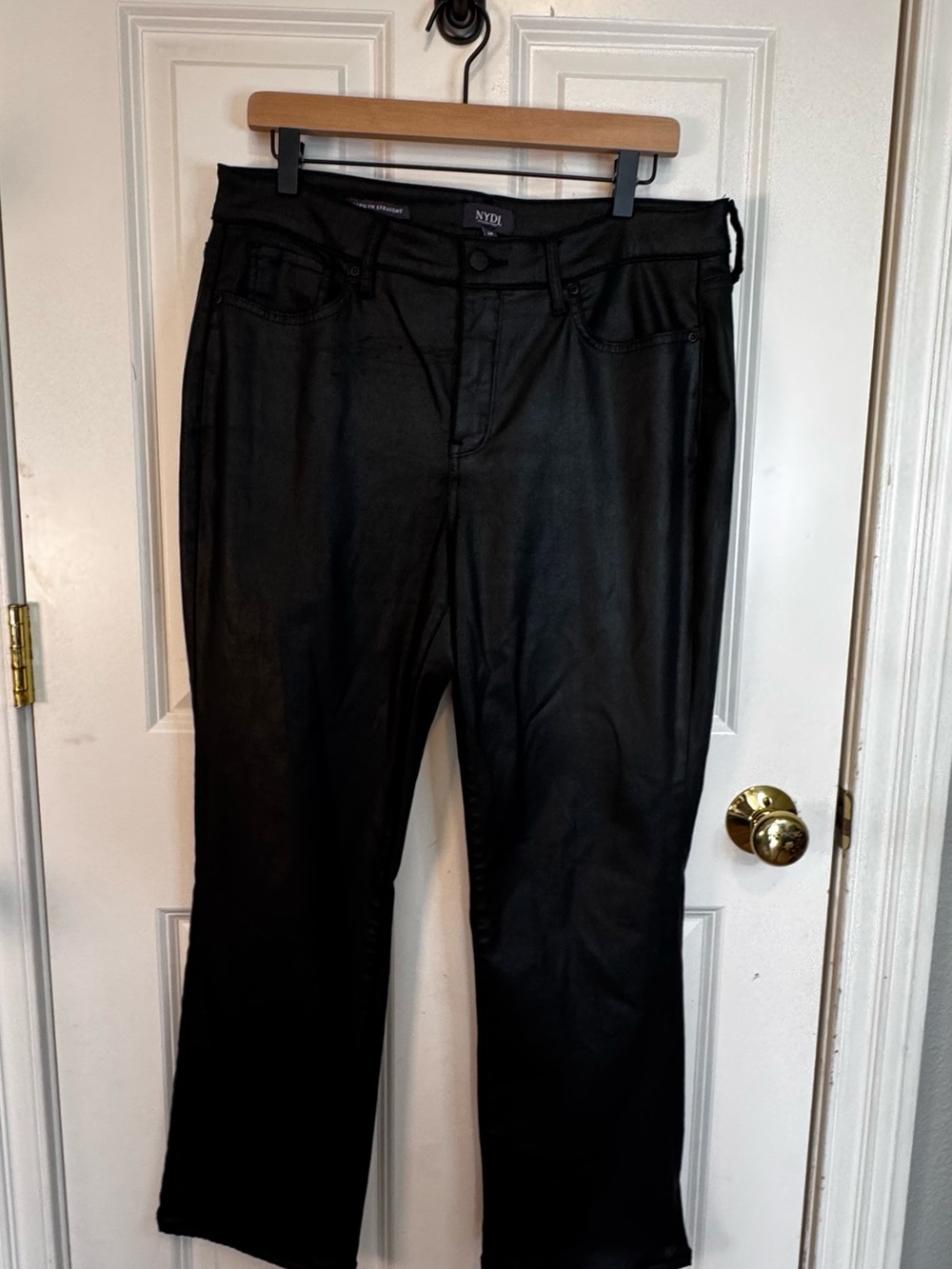 NYDJ Coated Black Straight-Leg Jeans  Subtle Stretch Size 14 Edgy Urban Rocker